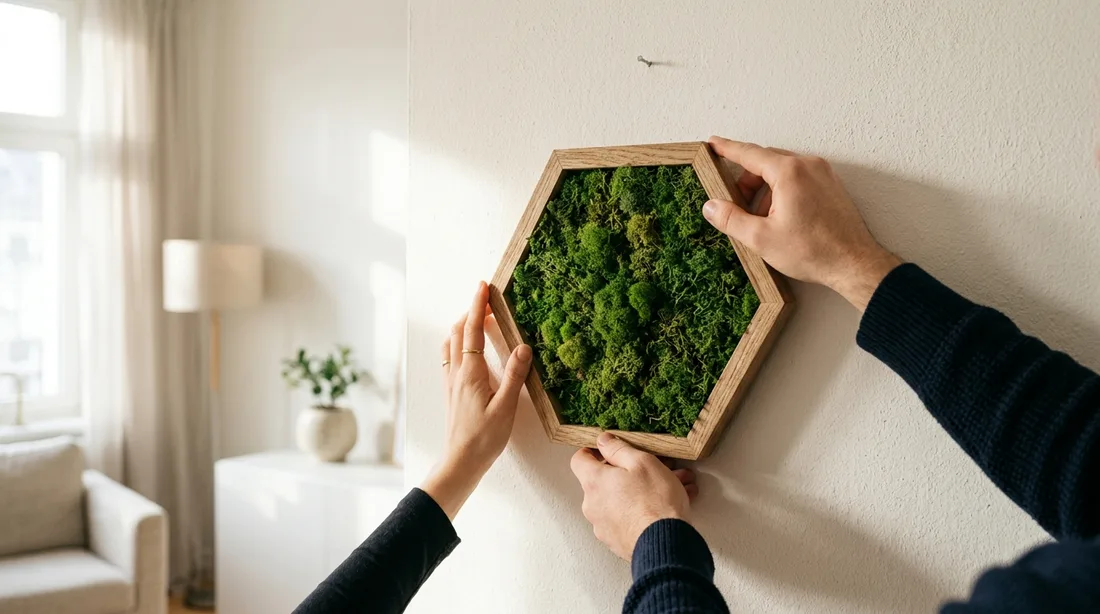 Zwei Personen richten gemeinsam ein sechseckiges Moosbild mit Holzrahmen an einer hellen Wohnzimmerwand aus
