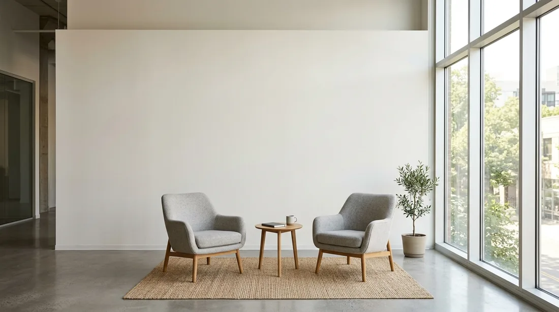 Moderner Büro-Loungebereich mit großer leerer Akzentwand, zwei Sesseln und großer Fensterfront