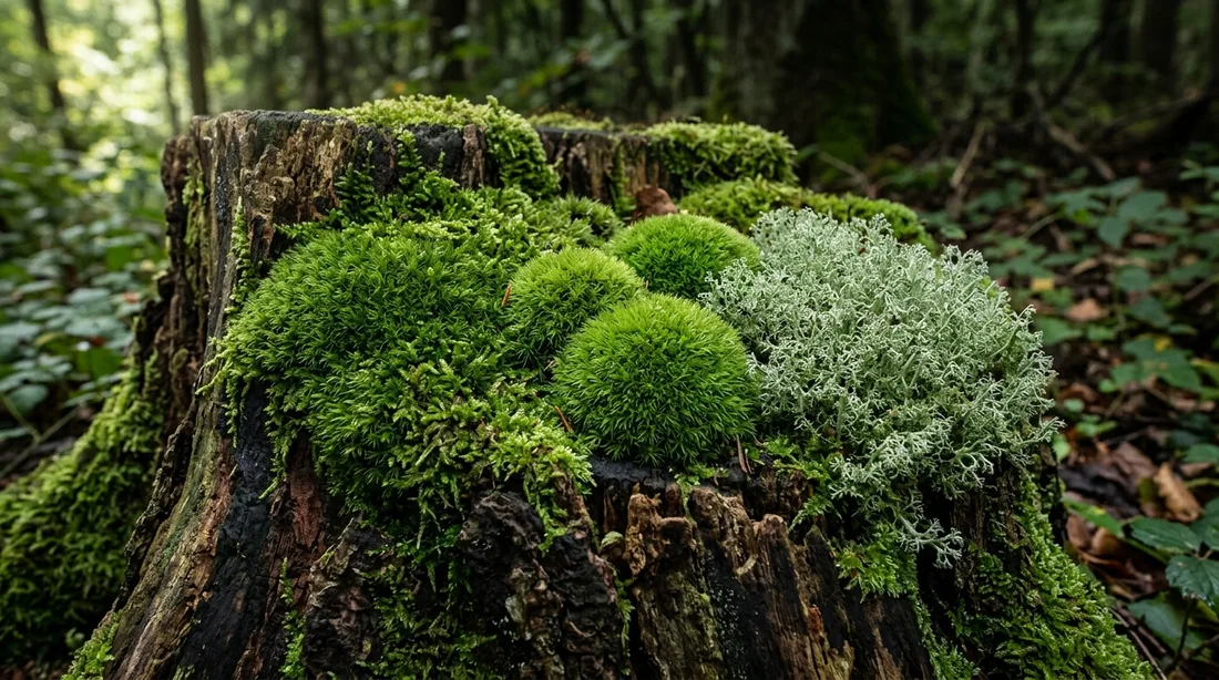 Verschiedene Moosarten auf einem bemoosten Baumstumpf im Wald: dichtes Kissenmoos, kugelige Polster und silbrig-graues Rentiermoos nebeneinander